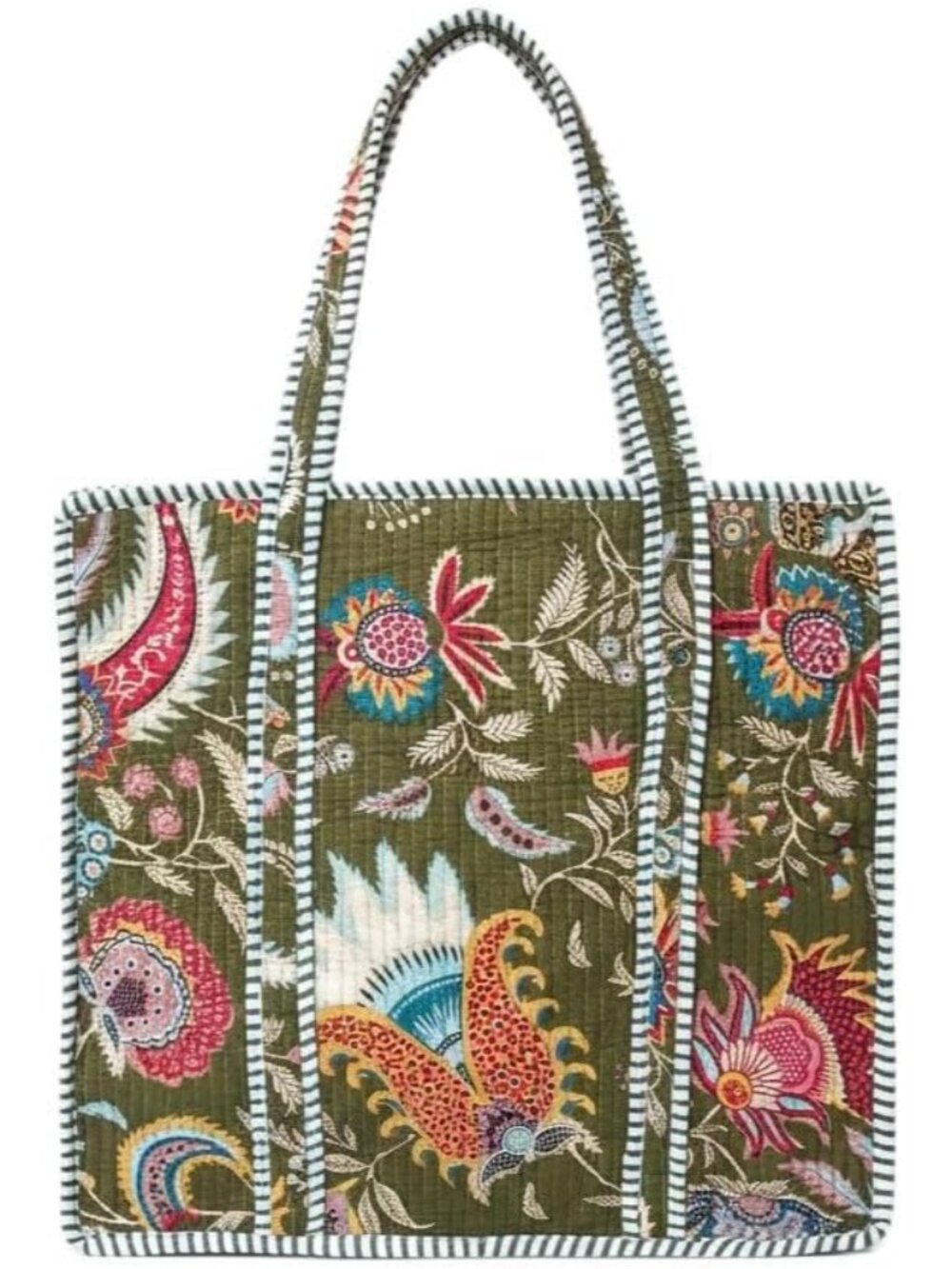 100% Cotton Quilted Tote Bag with Zipper Large Aesthetic Bohemian Block Print Tr